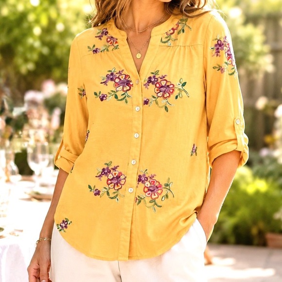 figueroa & flower Tops - Figueroa & Flower Yellow Floral Embroidered Roll Tab Sleeve Button Down Top S